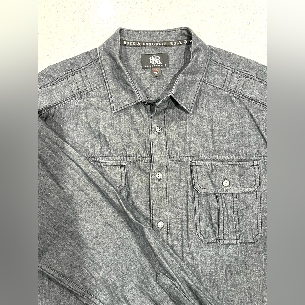 Rock & Republic Blue/Black Cotton Denim Look Shirt long Sleeve Roll Tab Button - Picture 3 of 7